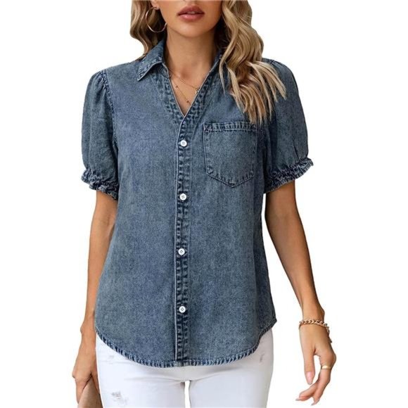 Womens Denim Shirts Button Down Short Puff Sleeve Lightweight Jeans Shirts - Picture 1 of 6